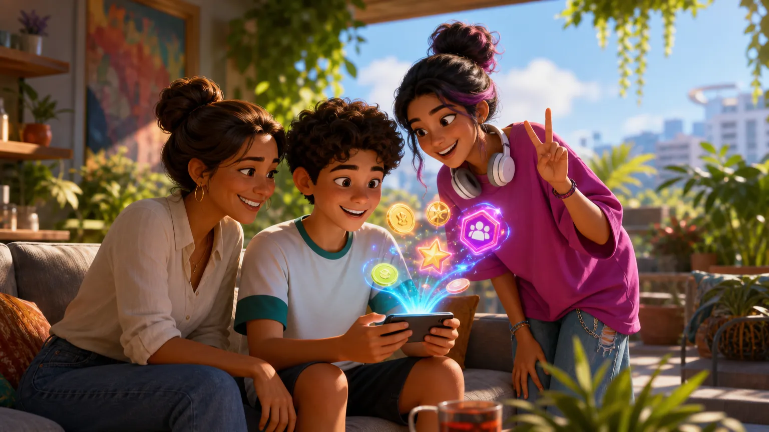 Família reunida no sofá, acompanhando as missões da semana com a mentora IA Maya em holograma