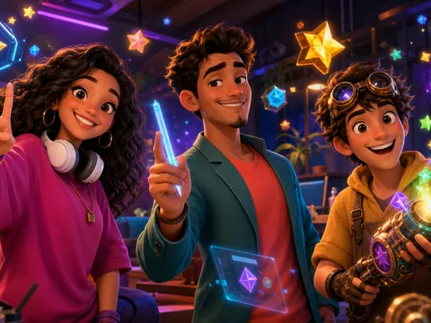 Maya, Rafael e Enzo reunidos no Hub de Missões dos Engraçados