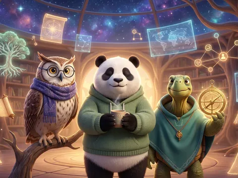Coruja Imperial, Urso Panda Zen e Tartaruga Anciã reunidos no Hub de Missões dos Sábios
