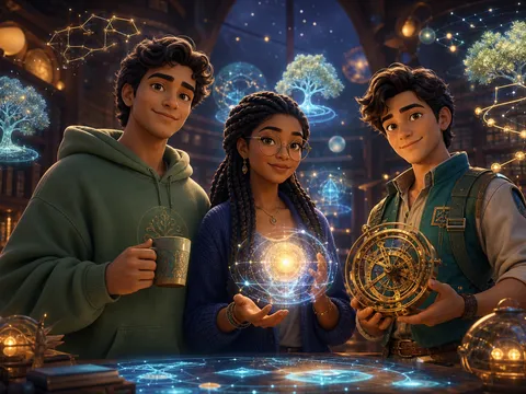 Theo, Helena e Arthur reunidos no Hub de Missões dos Sábios