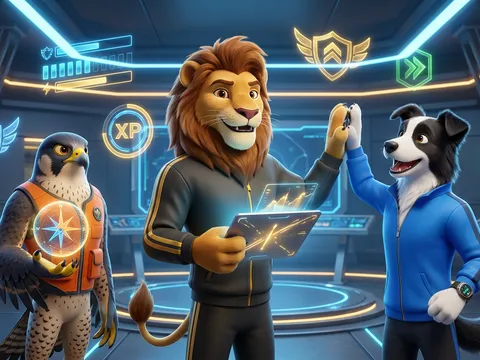 Leão Estrategista, Falcão Audaz e Border Collie Atlético reunidos no Hub de Missões dos Treinadores