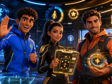 Lucas, Valéria e Gabriel reunidos no Hub de Missões dos Treinadores