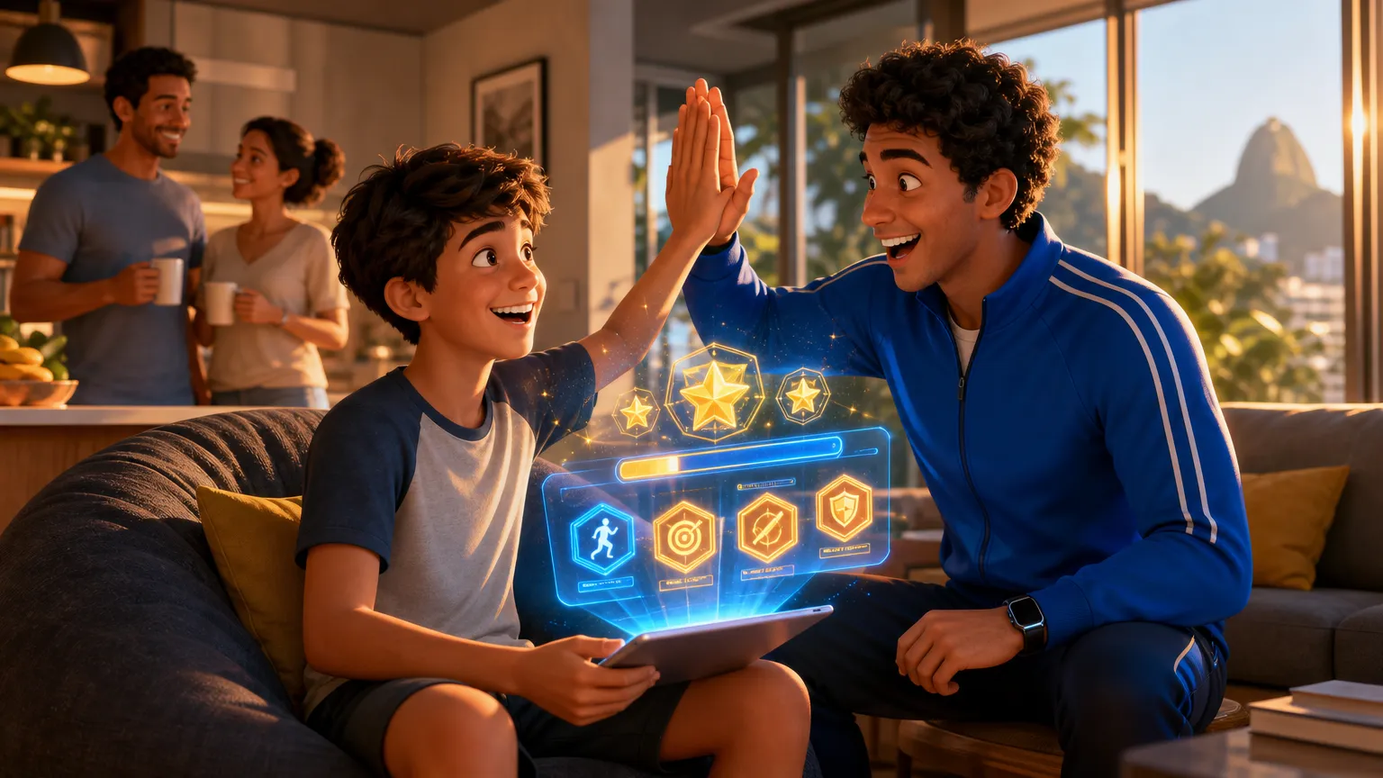 Teen batendo um high-five com o mentor Lucas ao concluir as metas da semana, com os pais acompanhando ao fundo